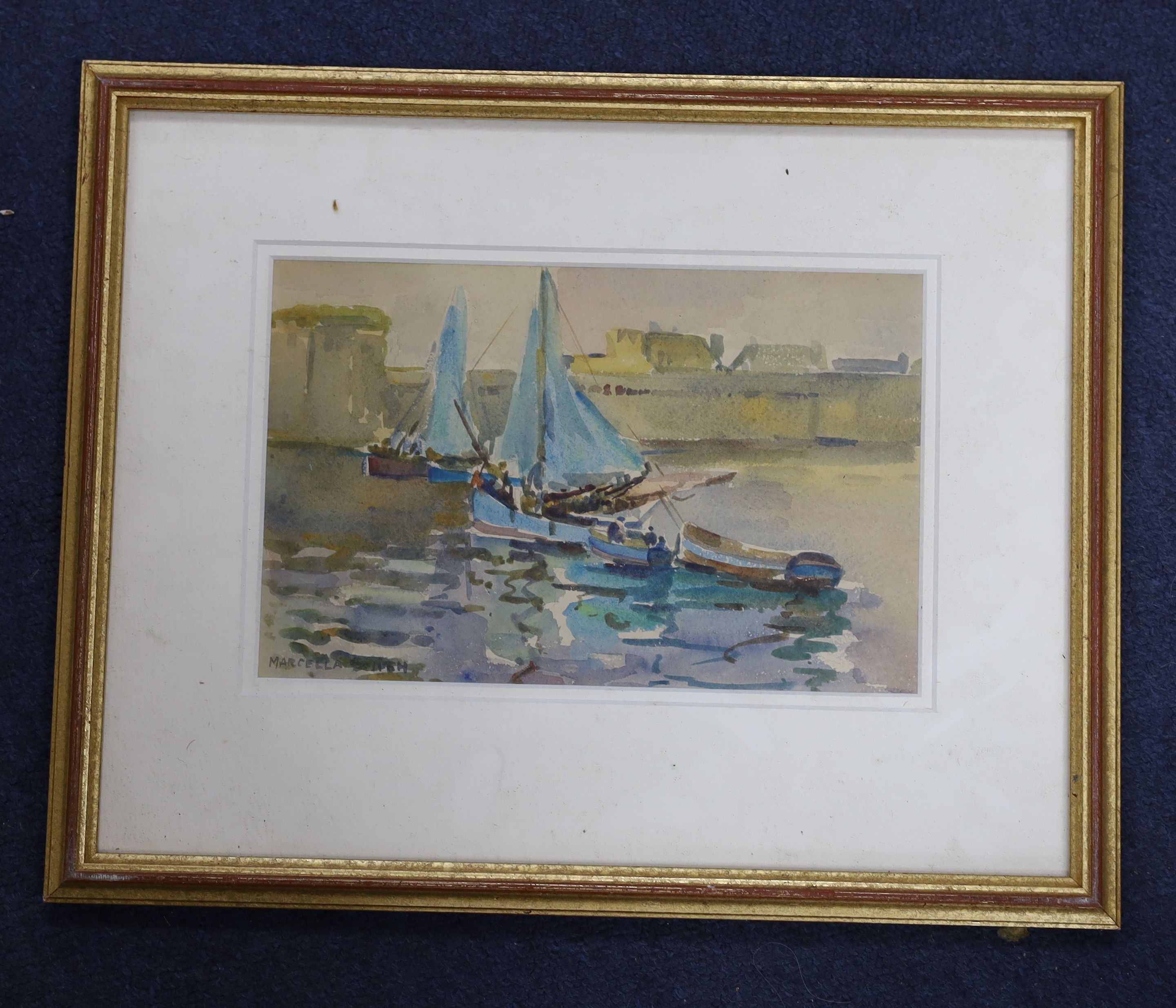 Marcella Smith, watercolour, Fishing boats in harbour, signed, 15 x 22cm.